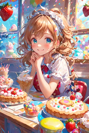 masterpiece, best quality, anime illustration, pixiv, kawaii, A girl sits and rests her cheek on her desk, In her background, the scene in her mind unfolds, Strawberry shortcake, candy, chocolate boards, cream puffs, soft serve ice cream, parfaits, crepes, macaroons, apple pie, pancakes, A dreamy scene of many sweets popping out of the center of a colorful swirl, She is smiling with a slight blush on her cheeks and a twinkle in her eye, completely unaware that she is drooling, What a happy time,scenery