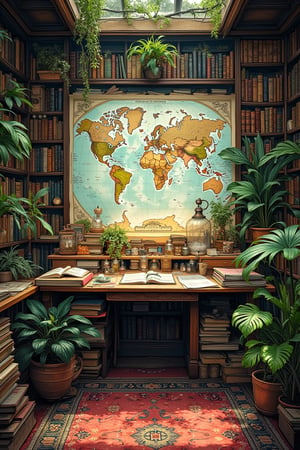 illustration, ink outline, fine detail rendered, color, A naturalist's study. On the desk are many papers, books, vials and small boxes. On the back wall is a large map of the world. There is a large bookshelf, filled to the brim with natural history books. There are large houseplants of a variety I have never seen before. The floor is carpeted with a wonderful pattern, and many books are stacked and scattered about, There is no one in this room, detailed background, fantastic, mysterious, perfect composition, (masterpiece:1.3), ((best quality, 8k, ultra-detailed, very clear)), The most fashionable