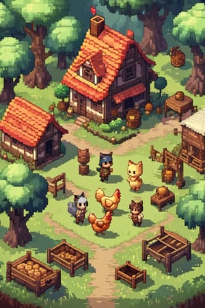 (masterpiece:1.3), best quality, game screenshot, pixel art game, rpg, village in the forest, cute character designs, villagers, a chicken, a cat, a dog, top view