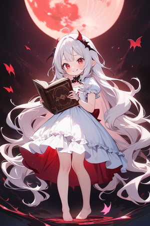 1girl, vampire princess, (ultimately adorable:1.4), (incredibly cute:1.4), (super kawaii:1.4), white hair, very long hair, wavy hair, red eyes, (evil smile), white dress, barefoot, magic book in hand, before the big full moon, full body, (masterpiece:1.3), ((highest quality, 8k, ultra-detailed)), perfect anatomy, detailed eyes, anatomically correct hands, very clear and precise images