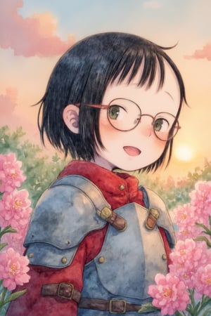 colorful, 1girl, 12 years old, cute, kawaii, smile, open mouth, plump, glasses, black hair, short hair, bangs, plate armor, portrait, looking at viewer, flower garden, sunset, fantastic, cinematic scene, masterpiece, best quality, perfect anatomy, detailed eyes, ffstyle02