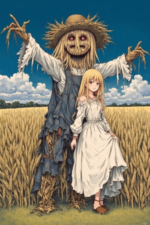 ink outline, fine detail rendered, colorful, horror style, 1girl, adorable, cute, kawaii, standing by a creepy scarecrow, snuggled up to a creepy scarecrow, long blonde hair, sad, white dress, creepy scarecrow wearing tattered clothes and a straw hat with black holes where the eyes and mouth should be, wheat field, blue sky and white clouds, fantastic, mysterious, most fashionable, most stylish, dark background, detailed background, every detail is rendered in superb detail, perfect composition, masterpiece, best quality, 8k, ultra-detailed, very clear, perfect anatomy, anatomically correct hands, beautiful face, beautiful eyes, detailed eyes, beautiful hair, detailed hair,anime, Hand