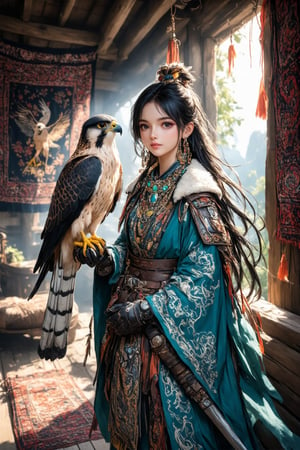 anime, (ink outline:1.4), fine detail rendered, color, 1girl, (((adorable, cute, kawaii))), standing, She wears thick leather gloves, The falconer's girlfriend has a falcon perched on her hand, The falcon has a very beautiful and dignified look, black hair, long hiar, delicate and smooth hair, moist and taut skin, northern ethnic costumes with very elaborate and unusual patterns, bird feathers and animal fur are also used in the costumes, jewelry made of various gemstones with magnificent workmanship, The tapestry hanging on the wall is embroidered with a brave and splendid symbol of the falcon of the northern tribes, The room is very dark and the only light is the sunlight coming in through the window, BREAK, fantastic, mysterious, most fashionable, most stylish, (dark background, detailed background, every detail is rendered in superb detail), perfect composition, masterpiece, best quality, 8k, ultra-detailed, very clear, perfect anatomy, anatomically correct hands, beautiful face, beautiful eyes, detailed eyes, beautiful hair, detailed hair