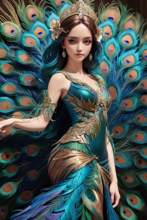 (masterpiece:1.3), perfect anatomy, A peacock girl with its wings outstretched in richly-colored feathers, Polarized dress, jojo pose, ((highest quality, 16k, ultra-detailed, super-realism, photo-realistic)), Incredibly beautiful, detailed skin, detailed eyes