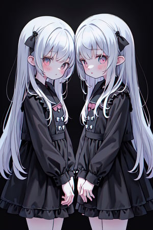 Comparison of twin girls, very cute, equally side by side, horror style, dark background with explanatory text, from the illustrated book, ((masterpiece, best quality, 8k, ultra-detailed))