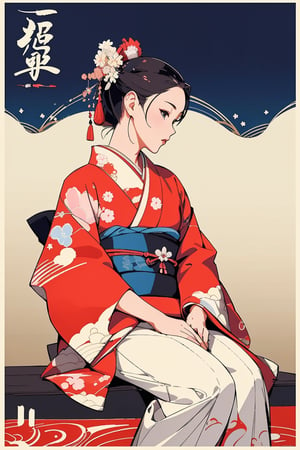 very clear and precise images, 1girl, sitting, kimono, very beautiful and excellent, arms at sides, (Japanese style), (art poster:1.4), (artistic background:1.4), (illustration:1.4), (masterpiece:1.3), ((top quality, 8k, ultra-detailed)), perfect anatomy, looking at viewer