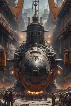 Illustration, box art, book cover art, a very large submarine under construction in the shipyard's huge dry dock, various types of large cranes are in operation at the dock, many workers, super cool, perfect detail, superb detail, incredible detail, ultimate detail, detailed background, dramatic composition, masterpiece, best quality, 8k, ultra-detailed, very clear