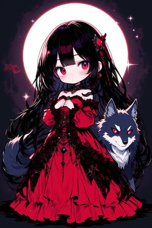 ink outline, fine detail rendered, color, horror style, 1girl, vampire princess, chibi, beautiful, adorable, cute, kawaii, standing, full body, She has a big wolf with her, hands on own chest, looking at viewer, black hair, very long hair, gorgeous red dress, stunningly crafted jewelry, full moon, most fashionable, most stylish, dark background, detailed background, every detail is rendered in superb detail, perfect composition, masterpiece, best quality, 8k, ultra-detailed, very clear, perfect anatomy, anatomically correct hands, beautiful face, beautiful eyes, detailed eyes, beautiful hair, detailed hair