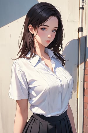 very clear and precise images, 1girl, very beautiful and excellent, white short-sleeved shirt, black pleated skirt, street, summer, (illustration:1.4), (masterpiece:1.3), ((top quality, 8k, ultra-detailed)), (photorealistic:1.4), perfect anatomy, looking at viewer