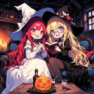 ink outline, fine detail rendered, colorful, horror style, chibi, Two witches, adorable, cute, kawaii, The witch in white has very long red hair, red eyes, wearing a long white dress. The witch in black has very long blond hair, wears glasses, blue eyes, a black mini-length dress, black pantyhose. An old log house with a warm fireplace. The white witch is sleeping happily with her head on the lap of the black witch who is sitting on the sofa reading a book. On the wooden table in front of them are a bottle of alcohol, glasses for both of them, and a haunted pumpkin candle. Neither of them is wearing a hat. They look very close and happy. stunning embroidered dress, stunningly crafted jewelry, full body, fantastic, mysterious, most fashionable, most stylish, dark background, detailed background, every detail is rendered in superb detail, perfect composition, masterpiece, best quality, 8k, ultra-detailed, very clear, perfect anatomy, anatomically correct hands, beautiful face, beautiful eyes, detailed eyes, beautiful hair, detailed hair