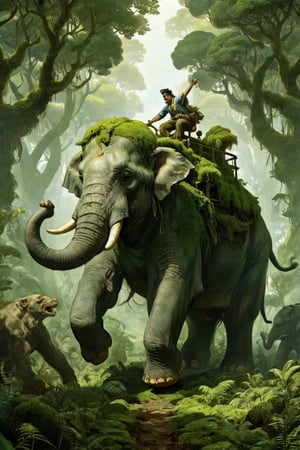 very clear and precise images, fantasy style, A giant beast carrying a traveler is moving slowly through a dense sea of ​​trees. The body of this gigantic elephant-like beast is covered in moss, indicating that it has lived for many years. On the back of the giant beast, there is a pile of equipment needed to continue the journey, (official illustration:1.4), (masterpiece:1.3), ((highest quality, 16k, ultra-detailed))