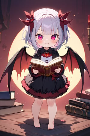 1girl, vampire princess, (ultimately adorable:1.4), (incredibly cute:1.4), (super kawaii:1.4), (evil smile), barefoot, magic book in hands, before the big full moon, full body, (masterpiece:1.3), ((highest quality, 8k, ultra-detailed)), perfect anatomy, detailed eyes, anatomically correct hands, very clear and precise images, (official illustration:1.4)