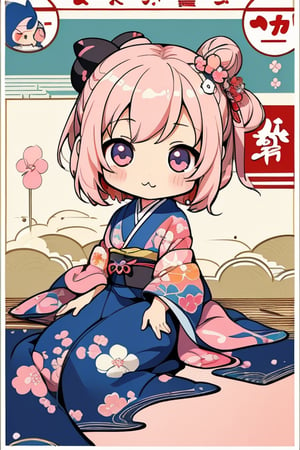 very clear and precise images, 1girl, (chibi:1.3), (kawaii:1.3), kimono, sitting, arms at sides, (Japanese style), (art poster:1.4), (artistic background:1.4), (illustration:1.4), (masterpiece:1.3), ((top quality, 8k, ultra-detailed)), perfect anatomy, looking at viewer