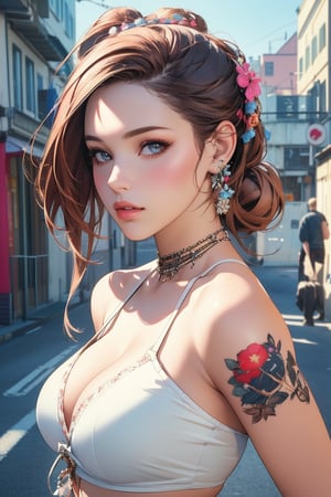 very clear and precise images, 1girl, very beautiful and excellent, punk fashon, street, summer, (illustration), (masterpiece:1.3), ((top quality, 8k, ultra-detailed)), (photorealistic:1.4), perfect anatomy, looking at viewer, cinematic angle
