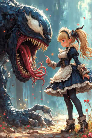 ink outline, fine detail rendered, color, A girl confronts the ferocious Venom. She has very long blonde twin tails and wears a maid outfit, gauntlets, leggings and boots. She is very adorable, cute and kawaii. fantastic, mysterious, most fashionable, most stylish, detailed background, every detail is rendered in superb detail, perfect composition, masterpiece, best quality, 8k, ultra-detailed, very clear, perfect anatomy, anatomically correct hands, beautiful face, beautiful eyes, detailed eyes, beautiful hair, detailed hair, fantasy girl