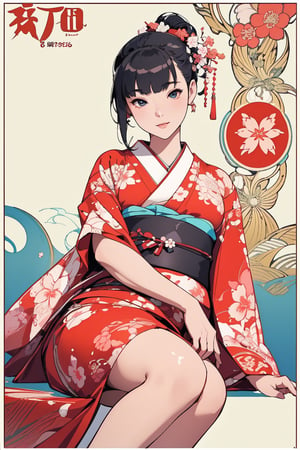very clear and precise images, 1girl, sitting, kimono, very beautiful and excellent, arms at sides, (Japanese style), (art poster:1.4), (artistic background:1.4), (illustration:1.4), (masterpiece:1.3), ((top quality, 8k, ultra-detailed)), perfect anatomy, looking at viewer