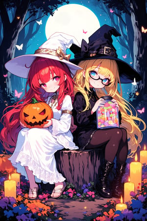 ink outline, fine detail rendered, colorful, horror style, Two witches, chibi, adorable, cute, kawaii, A witch in white and a witch in black are e sitting on stumps back to back, looking at us. The witch in white has very long red hair, red eyes, wearing a long white dress and a white witch's hat, sandals. The witch in black has very long blond hair, wears glasses, blue eyes, a black mini-length dress, black pantyhose and black boots. The white witch holds a haunted pumpkin with both hands, while the black witch holds a large jar full of candy. They are surrounded by colorful candles and flowers. They look very close and happy. stunning embroidered dress and witch's hat, stunningly crafted jewelry, full body, bluish-white full moon, deep forest, butterflies, fantastic, mysterious, most fashionable, most stylish, dark background, detailed background, every detail is rendered in superb detail, perfect composition, masterpiece, best quality, 8k, ultra-detailed, very clear, perfect anatomy, anatomically correct hands, beautiful face, beautiful eyes, detailed eyes, beautiful hair, detailed hair