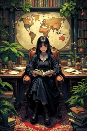 illustration, ink outline, fine detail rendered, color, A beautiful woman with long black hair is looking at viewer with a smile. She is sitting on a large chair, book in her hands. On the desk are many papers, books, vials and small boxes. On the back wall is a large map of the world. There is a large bookshelf, filled to the brim with natural history books. There are large houseplants of a variety. The floor is carpeted with a wonderful pattern, and many books are stacked and scattered about, northern folk black dress, boots, stunningly crafted ornaments, detailed background, fantastic, mysterious, perfect composition, , (masterpiece:1.2), ((best quality, 8k, ultra-detailed, very clear)), perfect anatomy, anatomically correct hands, detailed hair, delicate hair expression, detailed eyes, beautiful face, beautiful eyes, extremely stylish, The most fashionable