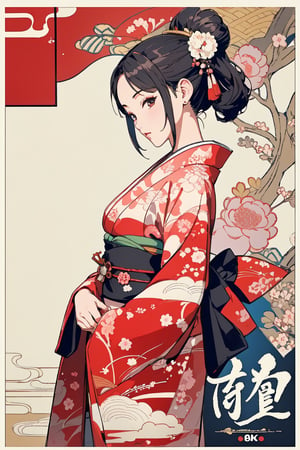 very clear and precise images, 1girl, kimono, very beautiful and excellent, arms at sides, (Japanese style), (art poster:1.4), (artistic background:1.4), (illustration:1.4), (masterpiece:1.3), ((top quality, 8k, ultra-detailed)), perfect anatomy, looking at viewer