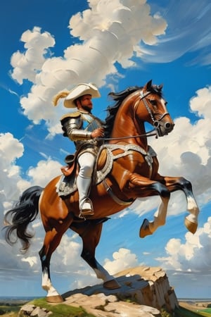 (masterpiece:1.3), perfect anatomy, Baroque style, Wonderful blue sky and white clouds, a man, riding a horse, on horseback, General, triumphal return, ((highest quality, 16k, ultra-detailed, super-realism)), cinematic lighting, Perfect composition,palette knife painting