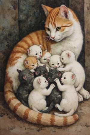 Mother cat suckling her six kittens, Kittens come in a variety of colors, masterpiece, best quality, ffstyle02