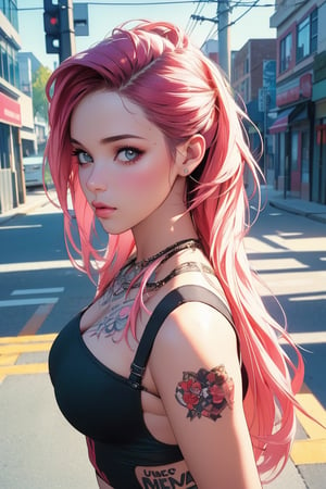 very clear and precise images, 1girl, very beautiful and excellent, punk fashon, street, summer, (illustration), (masterpiece:1.3), ((top quality, 8k, ultra-detailed)), (photorealistic:1.4), perfect anatomy, looking at viewer, cinematic angle