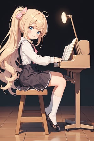 (girl from the 9th dimension), (smile:1.4), sitting on stool, playing mini piano, full body, from side, (ultimately adorable:1.4), (incredibly cute:1.4), (super kawaii:1.4), (masterpiece:1.4), highest quality, 16k, ultra-detailed, very clear and precise images, perfect anatomy