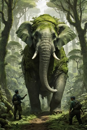 very clear and precise images, isekai, A giant beast emerges from the dense sea of ​​trees and slowly approaches us, The body of this gigantic elephant-like beast is covered in moss, indicating that it has lived for many years, It's a docile creature if you don't harm it, but it's gigantic, (The expedition team becomes nervous and prepares for unforeseen situations), (official illustration:1.4), (masterpiece:1.3), ((highest quality, 16k, ultra-detailed)),