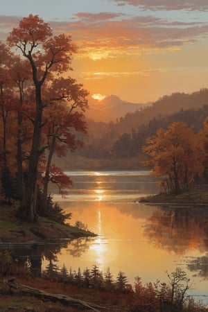 Lake with trees around it, autumn scene with a very beautiful sunset, (masterpiece:1.3), ((highest quality, 16k, ultra-detailed)),Pixel art