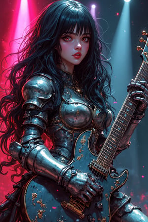 ink outline, fine detail rendered, colorful, dark fantasy, horror style, A beautiful woman with very long black hair. She wears very elaborate and luxuriously constructed silver metallic medieval plate armor. She is smiling but looks very cold. She is playing the Hello Kitty Edition electric guitar, She has no weapons. live music club lighting. most fashionable, most stylish, dark background, detailed background, every detail is rendered in superb detail, perfect composition, masterpiece, best quality, 8k, ultra-detailed, very clear, perfect anatomy, anatomically correct hands, beautiful face, beautiful eyes, detailed eyes, beautiful hair, detailed hair, fantasy girl