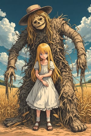 ink outline, fine detail rendered, colorful, horror style, 1girl, adorable, cute, kawaii, standing by a creepy scarecrow, snuggled up to a creepy scarecrow, long blonde hair, sad, white dress, creepy scarecrow wearing tattered clothes and a straw hat with black holes where the eyes and mouth should be, full body, wide shot, wheat field, blue sky and white clouds, fantastic, mysterious, most fashionable, most stylish, dark background, detailed background, every detail is rendered in superb detail, perfect composition, masterpiece, best quality, 8k, ultra-detailed, very clear, perfect anatomy, anatomically correct hands, beautiful face, beautiful eyes, detailed eyes, beautiful hair, detailed hair,anime, Hand