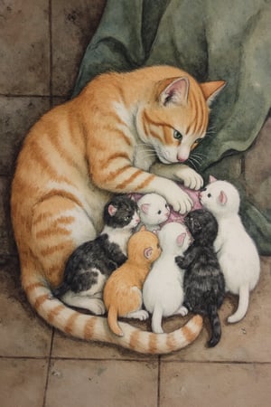 Mother cat suckling her six kittens, Kittens come in a variety of colors, masterpiece, best quality, ffstyle02