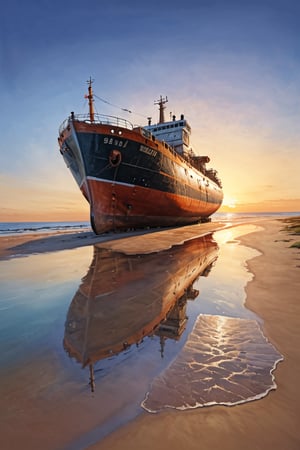 A large tanker stranded on a sandy beach, The hull has weathered considerably over the years, The reflection of the sunset is very beautiful, Calm sea, Fantastic, (masterpiece, best quality, ultra-detailed, very clear)