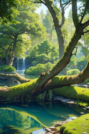 ((masterpiece, best quality, 8k, ultra-detailed, photo-realistic)), black pine growing in a pond, (incredibly detailed foliage, The texture of the trunk is incredibly detailed, The boldly undulating trunks, Large spreading branches), Mossy soil, The reflection of the water surface is very beautiful, cinematic lighting, cinematic shadows, fantastic, mysterious