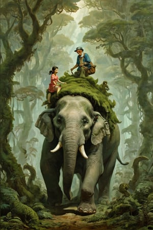 very clear and precise images, An old man and a little girl riding on the back of a giant beast that is moving through the sea of trees in another world. The Gigantic Beast is elephant-like in color and appearance, but has no nose. The eyes are hidden by drooping skin. The body of the Gigantic Beast is covered with moss, indicating that it has lived a considerable number of years. Behind the old man and the girl is a pile of equipment to continue their journey, (official illustration:1.4), (masterpiece:1.3), ((highest quality, 16k, ultra-detailed))