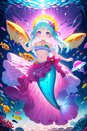 a mermaid princess, (ultimately adorable:1.4), (incredibly cute:1.4), (super kawaii:1.4), (horror style), sad, bikini, sarong, full body, under the sea, (tropical fishes), (glowing jellyfish), mysterious, fantastic, (masterpiece:1.3), ((highest quality, 8k, ultra-detailed, very clear)), perfect anatomy, anatomically correct hands, very clear and precise images, monster girl