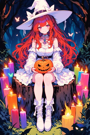 ink outline, fine detail rendered, colorful, horror style, 1girl, white witch, adorable, cute, kawaii, sitting on a stump, holding a haunted pumpkin with both hands, colorful candles lined up all around her, long red hair, smile, white witch's hat, white dress, boots, stunningly crafted jewelry, full body, deep forest, butterflies, fantastic, mysterious, most fashionable, most stylish, dark background, detailed background, every detail is rendered in superb detail, perfect composition, masterpiece, best quality, 8k, ultra-detailed, very clear, perfect anatomy, anatomically correct hands, beautiful face, beautiful eyes, detailed eyes, beautiful hair, detailed hair