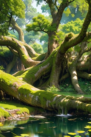 ((masterpiece, best quality, 8k, ultra-detailed, photo-realistic)), ancient tree tree growing in a pond, (incredibly detailed foliage, The texture of the trunk is incredibly detailed, The boldly undulating trunks, Large spreading branches), Mossy soil, The reflection of the water surface is very beautiful, cinematic lighting, cinematic shadows, fantastic, mysterious