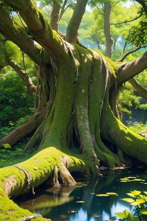 ((masterpiece, best quality, 8k, ultra-detailed, photo-realistic)), ancient tree tree growing in a pond, (incredibly detailed foliage, The texture of the trunk is incredibly detailed, The boldly undulating trunks, Large spreading branches), vines and ivy covering the trunk, Mossy soil, The reflection of the water surface is very beautiful, cinematic lighting, cinematic shadows, fantastic, mysterious