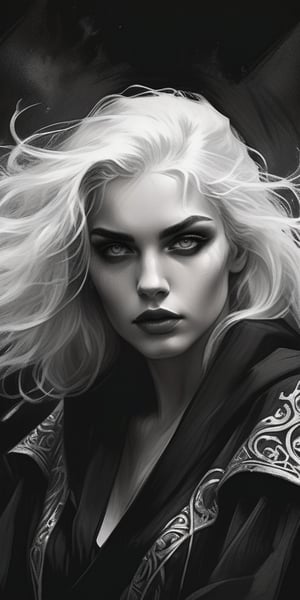 Instagram model, wizard, aesthetic dark art, pencil sketch art, amazing quality, masterpiece, best quality, highres, breathtaking, breathtaking and beautiful woman, flowing white hair, close_up low angle, (ornate and intricate robes), exciting, perfecteyes, portraitart,portrait art style, dim light,concept art,dark theme, ,charcoal \(medium\) style of (Luis Royo)