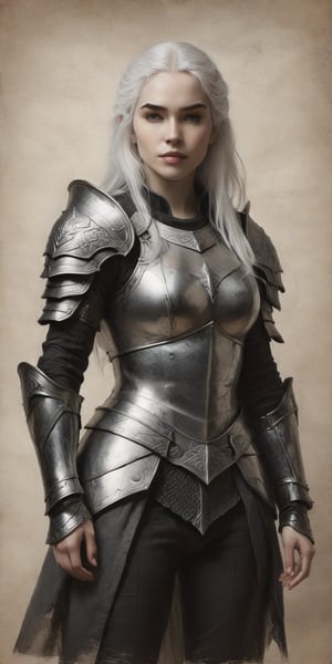 (Masterpiece, Best Quality, Photorealistic, High Resolution, 8K Raw), Looking at Viewer, Upper Body, 1 Girl, Solo, Beautiful, stunning, fierce, 30 Years Old, Long Hair, (White Hair:1.3), black fantasy armour, dragonscale armour, on parchment,charcoal \(medium\)