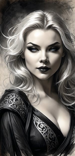 (Facing viewer),Beautiful charcoal sketch portrait painting (style of Luis Royo) of perfect evil female wizard (mix of Laren Cohan and Natalie Dormer), long flowing white hair, perfect features, (wearing black (ornate) robes), dark goth makeup, smoky eyeshadow, near perfection,, dynamic pose, concept art, 8k post-production, High resolution, super Detail, trending on ArtStation, depth of field f/1.8, studio photos,on parchment,charcoal \(medium\)