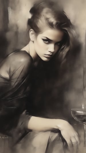 (Facing viewer),Beautiful charcoal close-up portrait painting (style of Luis Royo) of perfect female (looks like Barbara Palvin), sad, blonde hair, perfect features, (wearing black cocktail dress), sitting in cocktail bar, smoky eyeshadow, near perfection, concept art, 8k post-production, High resolution, super Detail, trending on ArtStation, depth of field f/1.8, studio photos,on parchment,charcoal \(medium\)