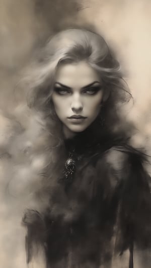 (Facing viewer),Beautiful charcoal gothic portrait painting (style of Luis Royo) of perfect evil female wizard (mix of Laren Cohan and Natalie Dormer), long white hair, perfect features, (wearing black (gothic) robes), smoky eyeshadow, near perfection,, dynamic pose, concept art, 8k post-production, High resolution, super Detail, trending on ArtStation, depth of field f/1.8, studio photos,on parchment,charcoal \(medium\)