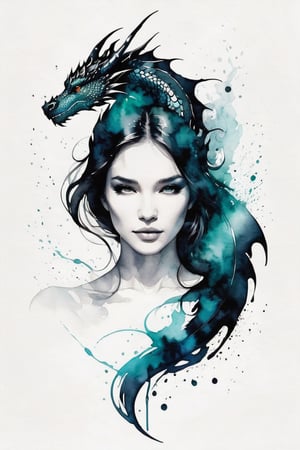 Watercolour-style Portrait, A captivating minimalistic vector art creation, portraying an abstract dragon rendered in a stunning interplay of Super Black and Tiffany ink. The flame-like appearance of the woman in a pristine white canvas exudes grace and elegance. The negative space accentuates the fluidity of her form, while the conceptual art piece encapsulates the quintessence of femininity in its purest, simplest form. The overall ambiance of the illustration is both thought-provoking and serene, making it a true work of conceptual art., conceptual art, illustration