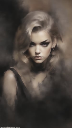 (Facing viewer),Beautiful charcoal close-up portrait painting (style of Luis Royo) of perfect female (mix of AJ Cook and Natalie Dormer), sad, blonde hair, perfect features, (wearing black cocktail dress), sitting in cocktail bar, smoky eyeshadow, near perfection, concept art, 8k post-production, High resolution, super Detail, trending on ArtStation, depth of field f/1.8, studio photos,on parchment,charcoal \(medium\)