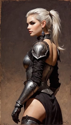 art by Frank Frazetta, a masterpiece, stunning beauty (mix of AJ Cook and Barbara Palvin), white hair, gothic fantasy armour, hair in ponytail, earrings, a proud Knight