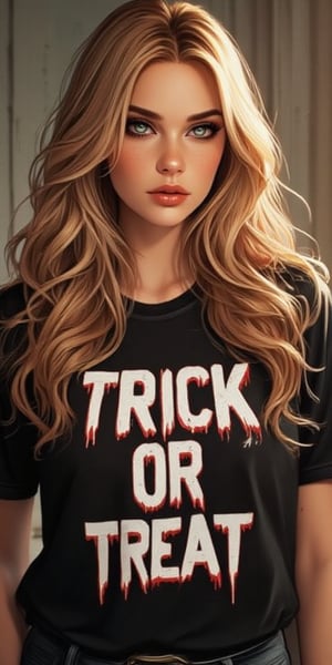 create a beautiful blonde lady (mix of AJ Cook and Barbara Palvin) wearing a shirt that says "TRICK OR TREAT"