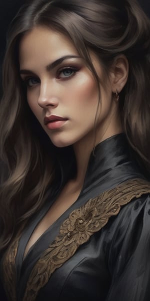 aesthetic dark art, oil painting, amazing quality, masterpiece, best quality, highres, breathtaking, breathtaking and beautiful woman, close_up low angle, ornate dress, perfecteyes, portraitart,portrait art style, dim light, low-key,Expressiveh,concept art,dark theme,oil paint,Extremely Realistic,art by sargent,charcoal \(medium\)