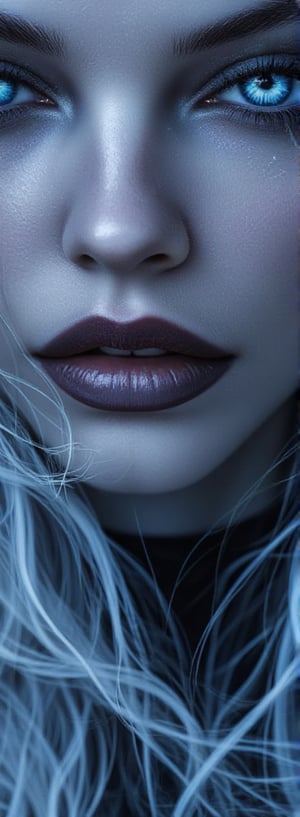 score_9, score_8_up, score_7_up, score_6_up, 1girl (mix of AJ Cook and Barbara Palvin), long flowing white hair, closed mouth, blue glowing eyes, smoky eyeshadow, dark lipstick, portrait (mix of AJ Cook and Barbara Palvin),